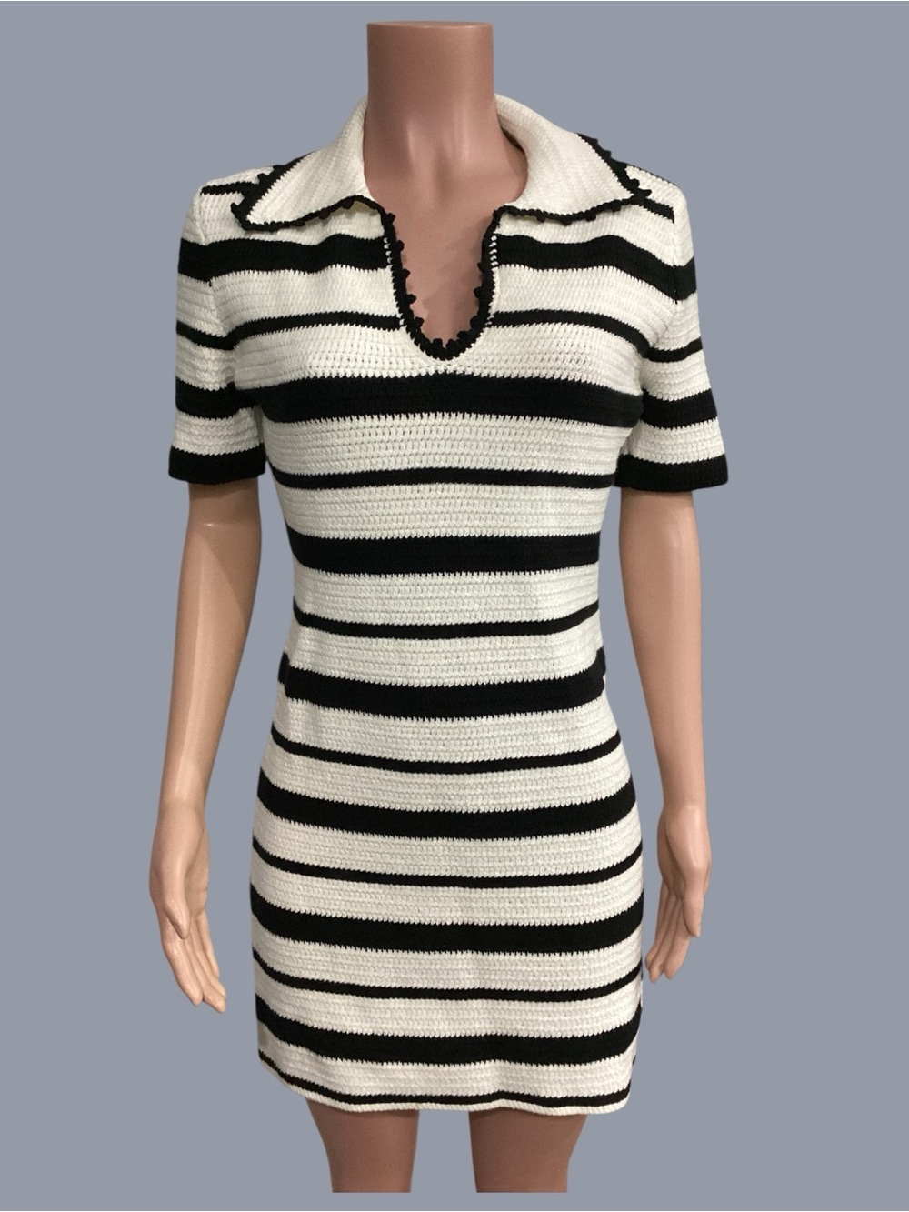 Lavalon Black & Ivory Striped Knit Crochet Mini Dress Size Large
